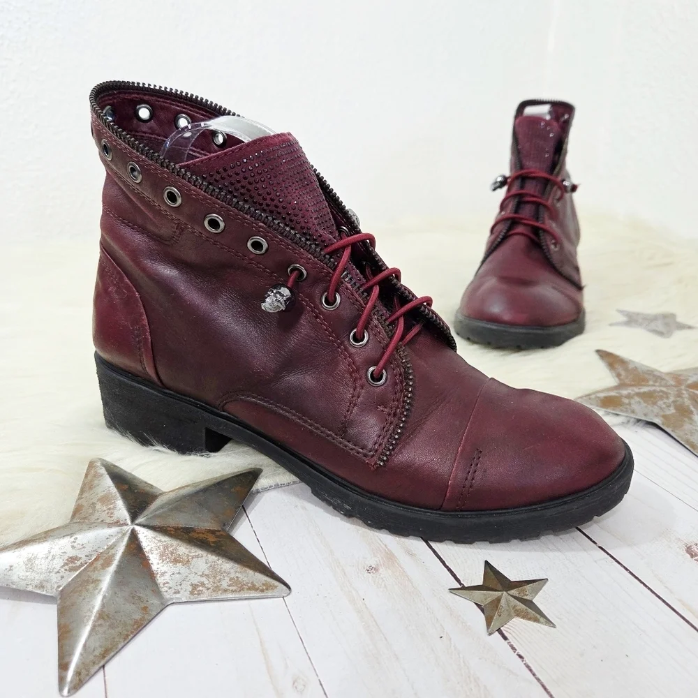 Gianni Bini Fire-worx Boots Spiced Wine Red Studded Skull Lace-up Gunmetal Sz 8